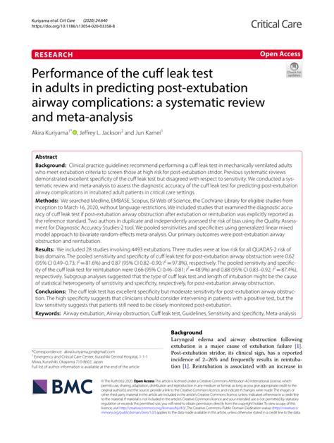 cuff leak test|Performance of the cuff leak test in adults in predicting post ...